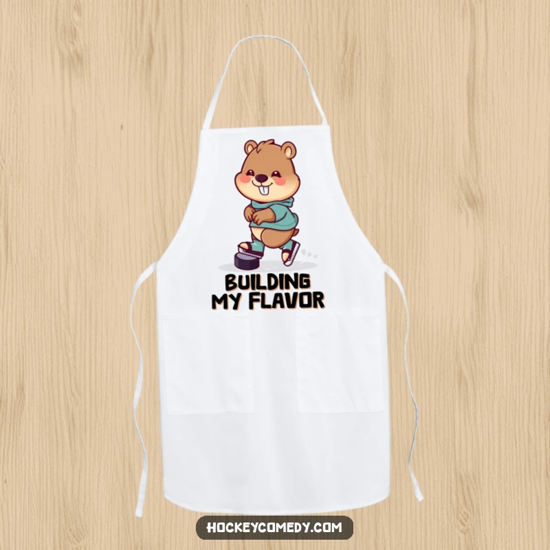 Funny Apron with a cheerful beaver skating backwards with a hockey puck, adding a humorous and delightful touch to kitchen tasks.