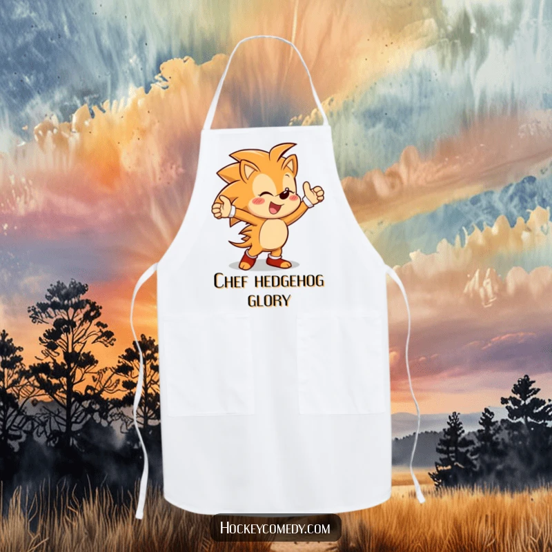 Funny apron showing a cheerful hedgehog character doing a happy victory dance, ready to tackle kitchen tasks with enthusiasm.