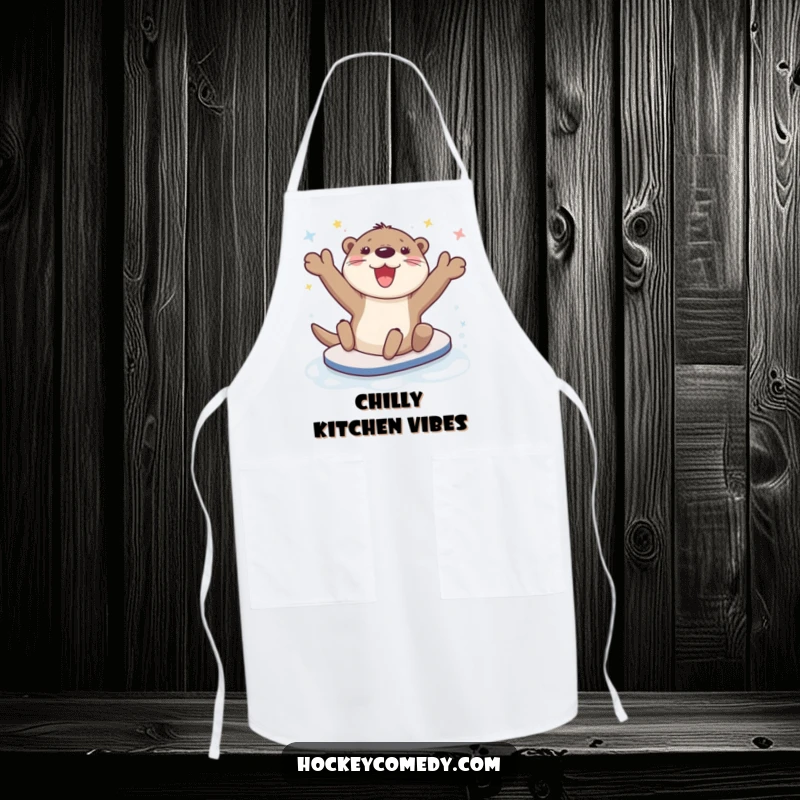 Funny happy otter character sliding on ice, fun kitchen apron.
