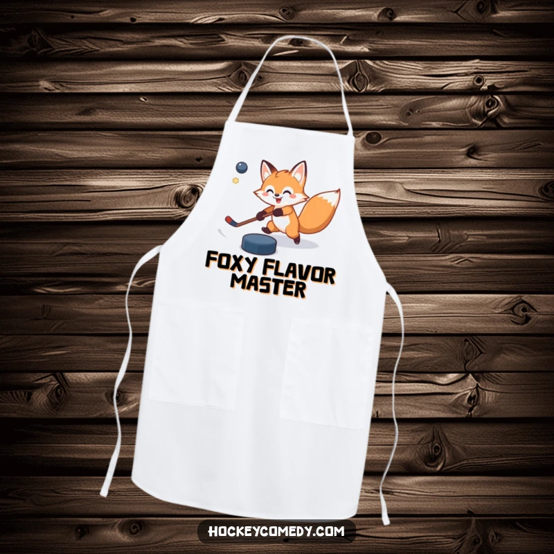 Funny apron with a cheerful fox attempting a slap shot, puck flying slightly off target, adding humor to kitchen duties.