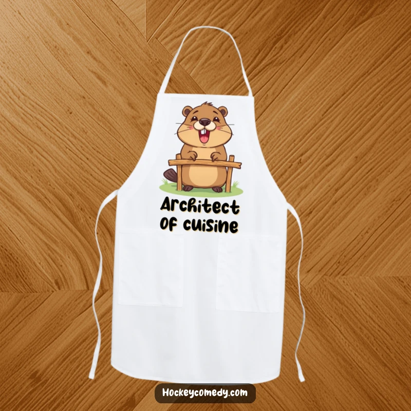 Funny apron designed with an excited beaver building a goalpost, adding a humorous and industrious touch to kitchen wear.