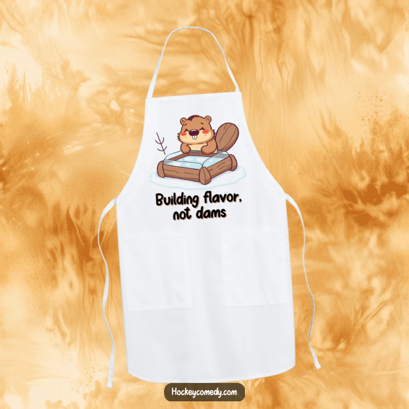 Funny beaver apron, a happy beaver building a small hockey rink out of logs, practical and humorous gift.