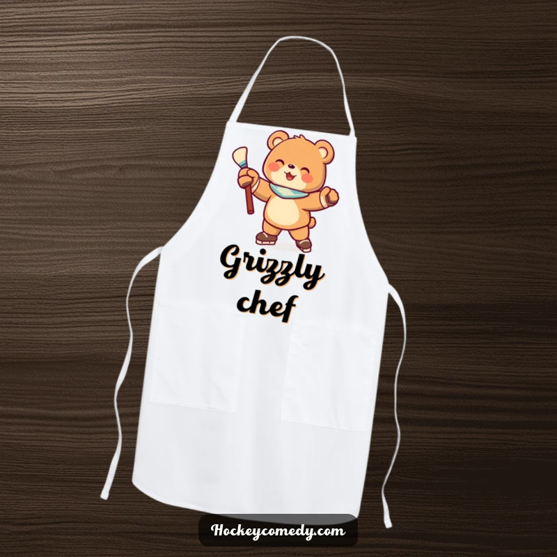 Funny apron featuring a joyful bear character in a hockey pose, ready to tackle kitchen duties with sporty zeal and humor.