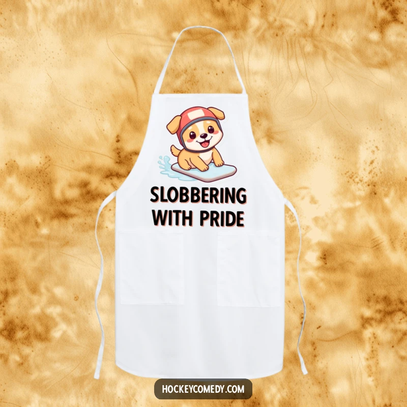 Funny apron: A happy dog in a miniature hockey helmet slides across ice, ready for kitchen adventures with a humorous touch.