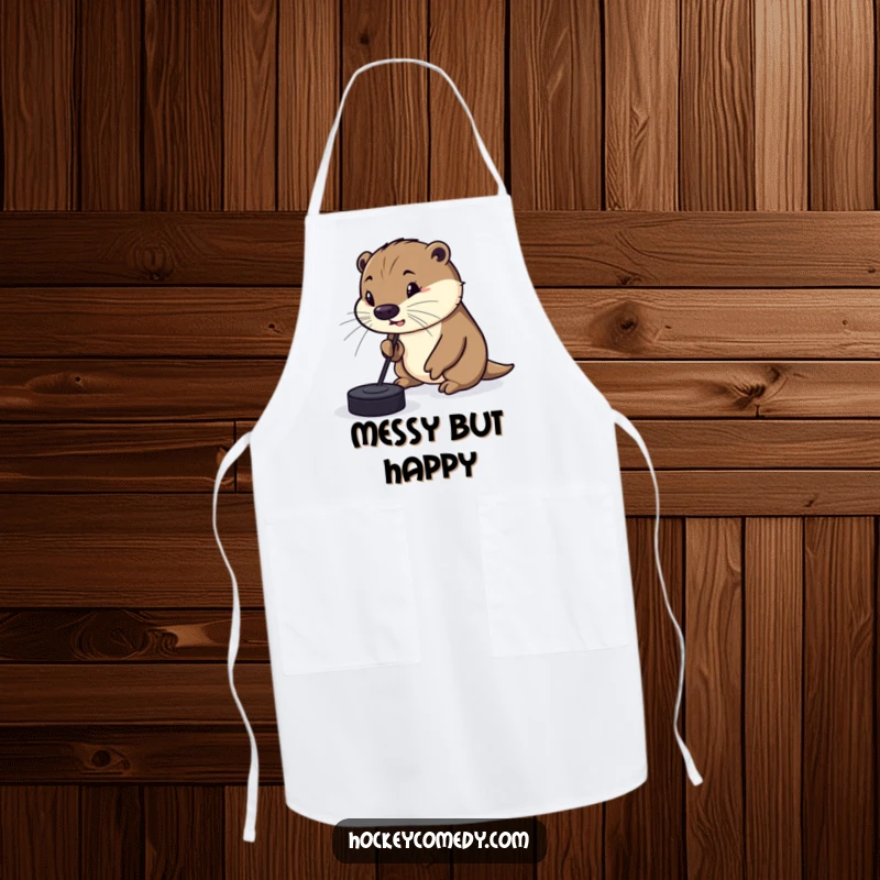 Funny Apron with a silly otter comically attempting to dribble a hockey puck with its nose, adding a humorous and playful touch to cooking.