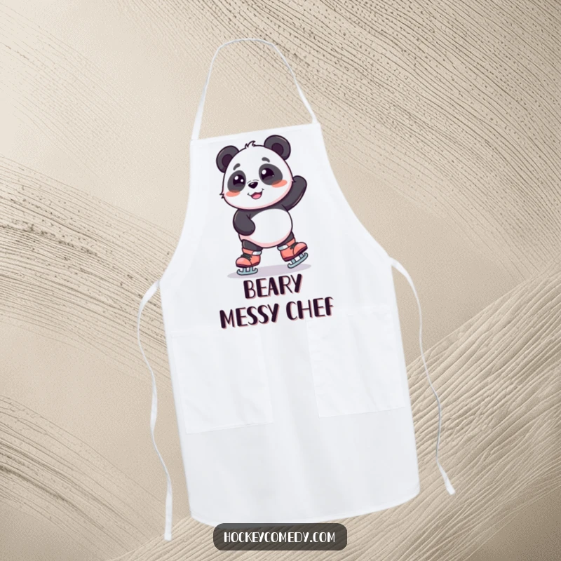 Funny apron with a smiling panda humorously wobbling on oversized skates while in the kitchen, adding playful charm to cooking.