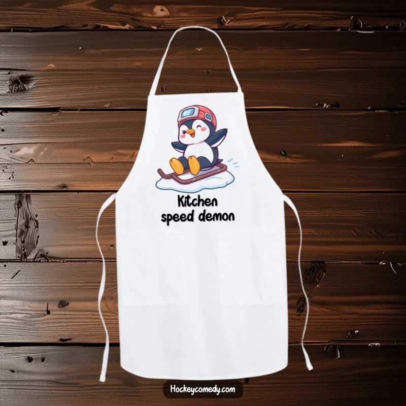 Funny apron featuring a playful penguin sliding across ice on a hockey helmet while cooking.