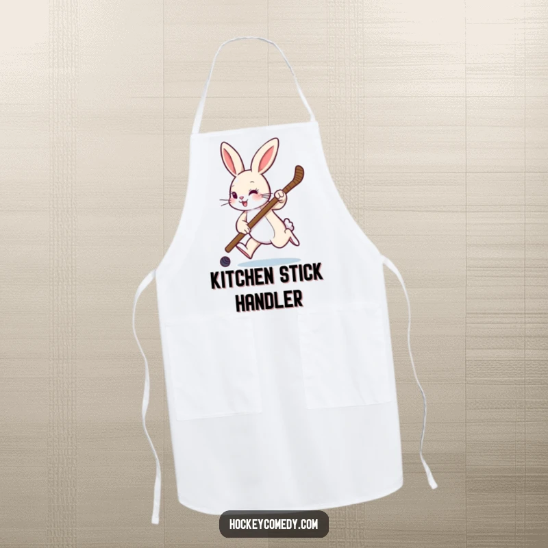 Funny apron depicting a rabbit hopping with a hockey stick, ideal for a chef who loves sports and kitchen fun.