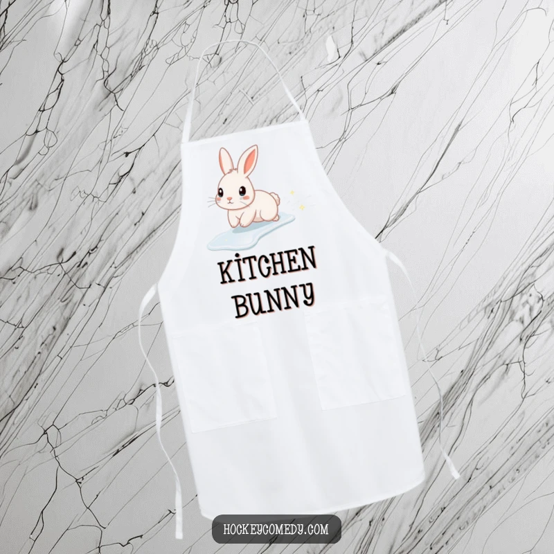 Funny apron with a cute rabbit character elegantly ice skating, leaving a trail of sparkles, perfect for a joyful kitchen.