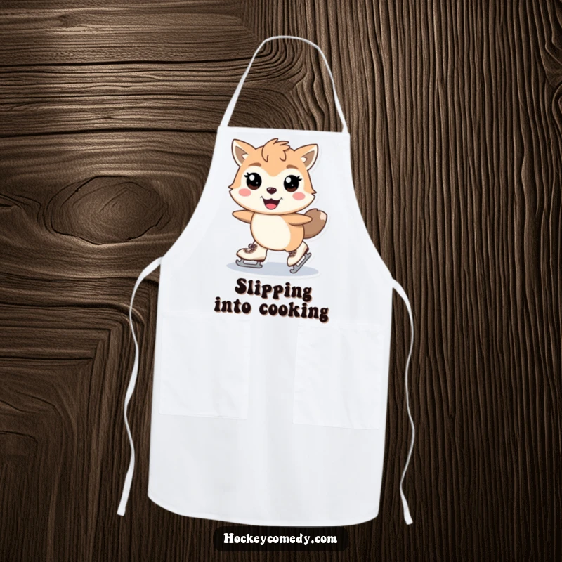 Funny skating animal apron showing a stylized animal with skates mid-stride and gleeful eyes, ideal for a stylish cook. Great funny gift.