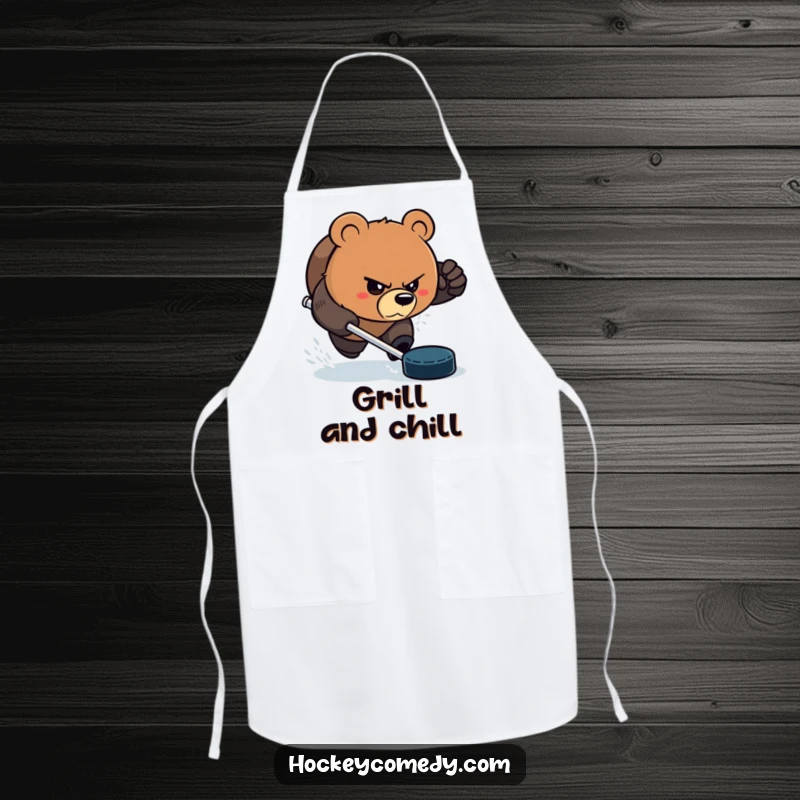 Funny Bear Apron: An aggressive bear with a determined glare, chasing a hockey puck, perfect for kitchen battles. Great funny gift.