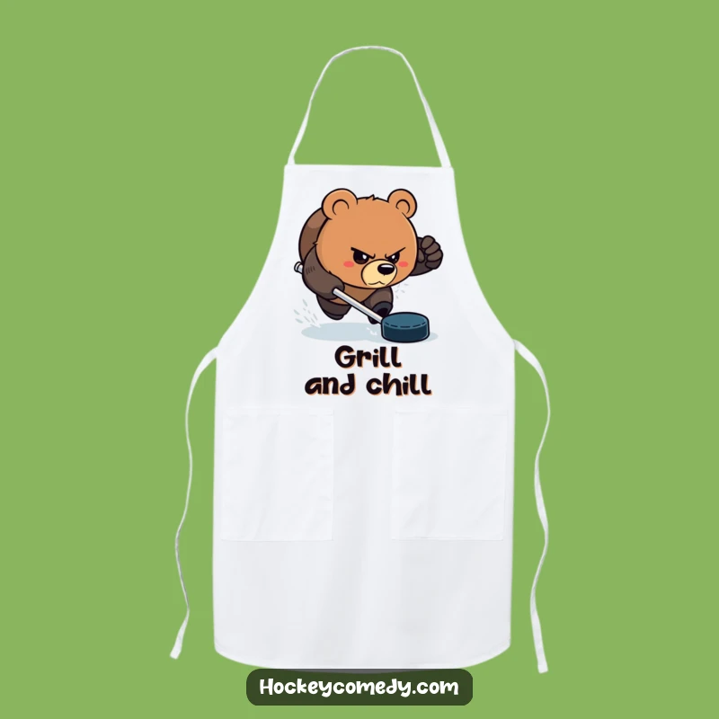 Funny Bear Hockey Chef Apron - Aggressive Puck Chaser Kitchen Gear