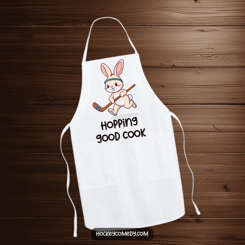 Funny rabbit hockey apron, depicting a playful rabbit hopping with a hockey stick during kitchen tasks humorously.