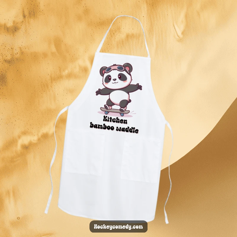 Funny playful panda attempting to skate with wobbly legs on a humorous kitchen apron.