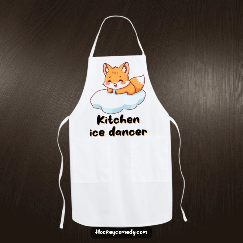 Funny apron depicting a fox joyfully sliding on its belly across ice, perfect for a chef who loves winter and humor.