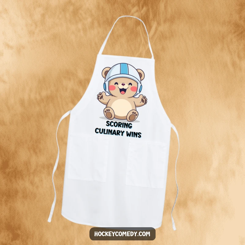 Funny Bear Goal Apron showing a joyful bear celebrating a goal, ideal for kitchen wear and sports-themed cooking.