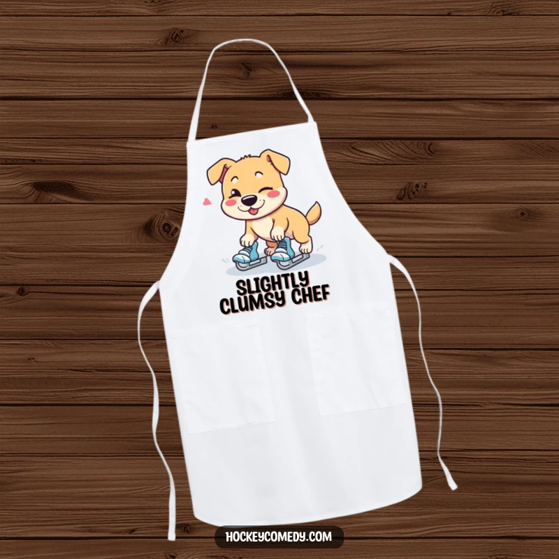 Funny dog character tripping while wearing roller skates and winking, kitchen apron.