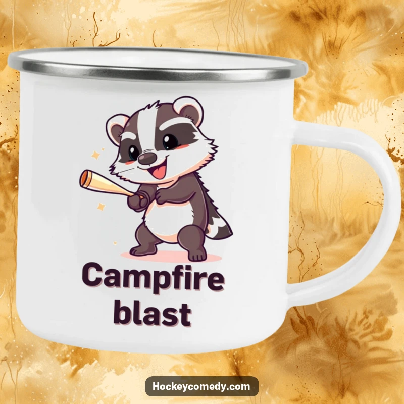 Funny badger performing a powerful slap shot, depicted on a sturdy and humorous camping mug.
