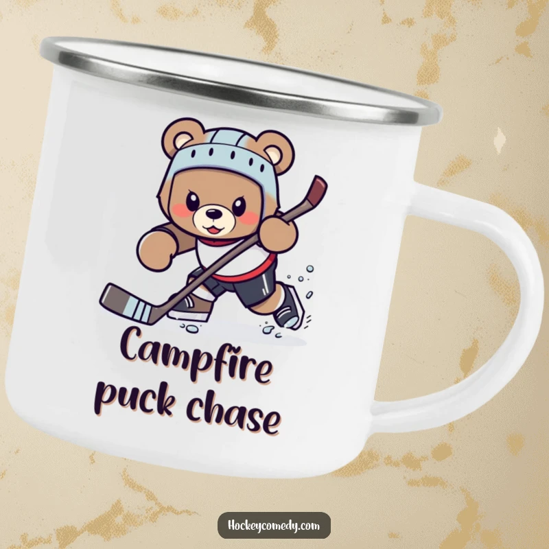 Funny determined bear character attempting a hockey trick, enamel camping mug.
