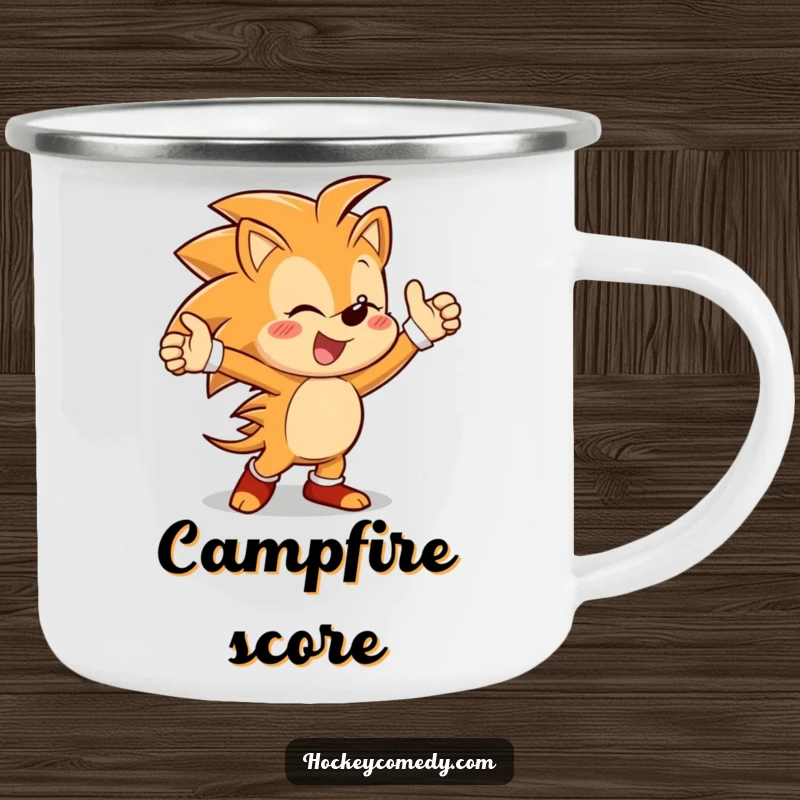 Funny camping mug depicting a cheerful hedgehog character in a victory dance pose, celebrating success in the wild.