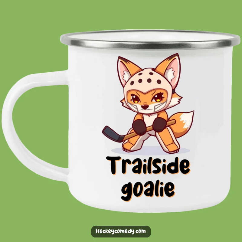 Determined Funny Fox Goalie Enamel Camping Mug: Campfire Defense