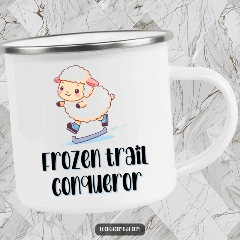 Funny camping mug showcasing a fluffy sheep gracefully ice skating, perfect for outdoor enthusiasts who enjoy humor and winter.