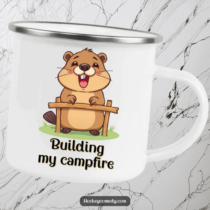 Funny camping mug showcasing an excited beaver building a goalpost, perfect for outdoor enthusiasts who enjoy DIY and humor.