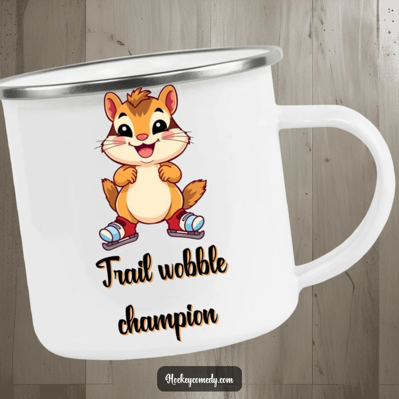 Funny chipmunk camping mug, a cheerful chipmunk wearing oversized skates, wobbling gleefully, perfect for outdoor use, durable and humorous.