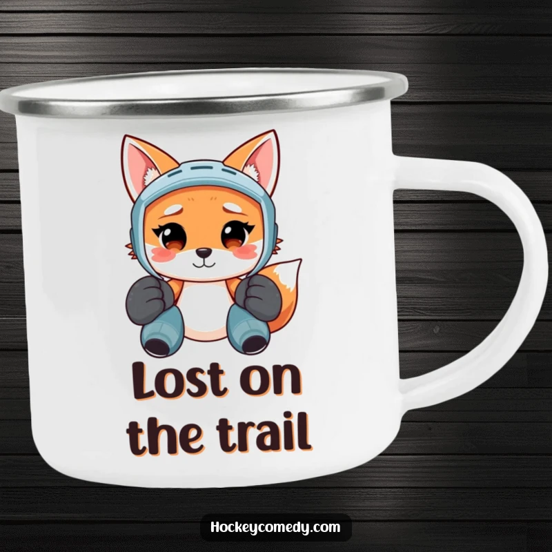 Funny camping mug with a smiling fox in oversized hockey pads, looking confused, perfect for outdoor enthusiasts.