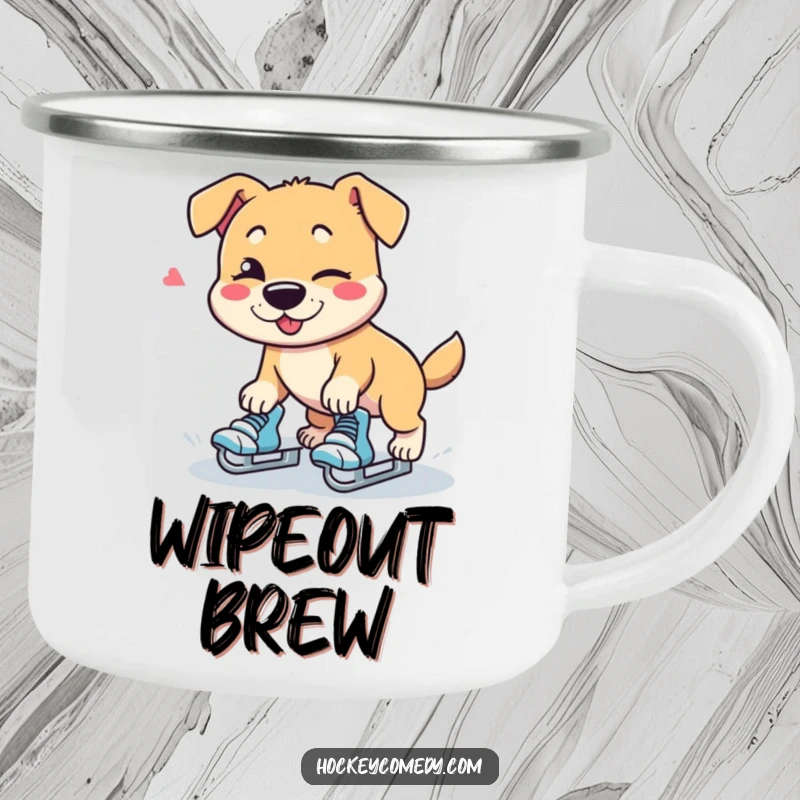 Funny dog character tripping on roller skates with a wink, enamel camping mug.