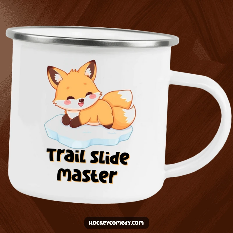 Funny fox ice slide camping mug, showing a fox enjoying a playful slide, ideal for cozy outdoor drinks.