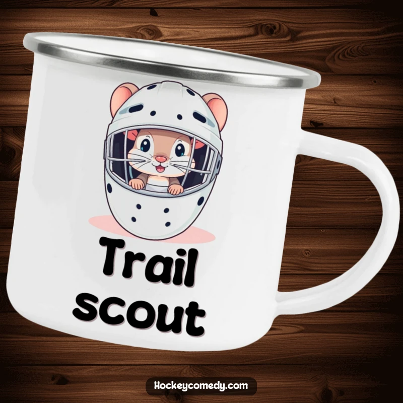 Funny mouse peeking from a goalie mask, depicted on a sturdy and humorous camping mug.