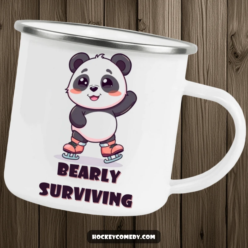 Funny camping mug with a smiling panda humorously wobbling on oversized skates, ideal for enjoying beverages outdoors with a chuckle.