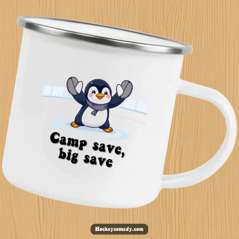 Funny penguin goalie camping mug featuring a comical, exaggerated hockey save, designed for outdoor use and outdoor humor.