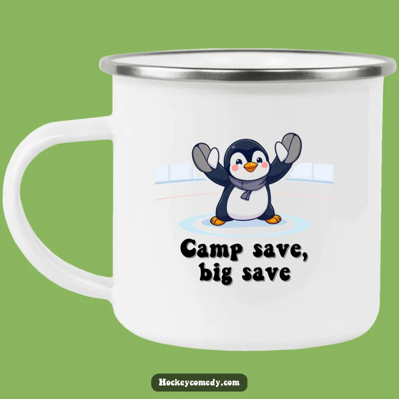 Funny Penguin Goalie Camping Mug: Exaggerated Save Adventures, Great Outdoor Gift