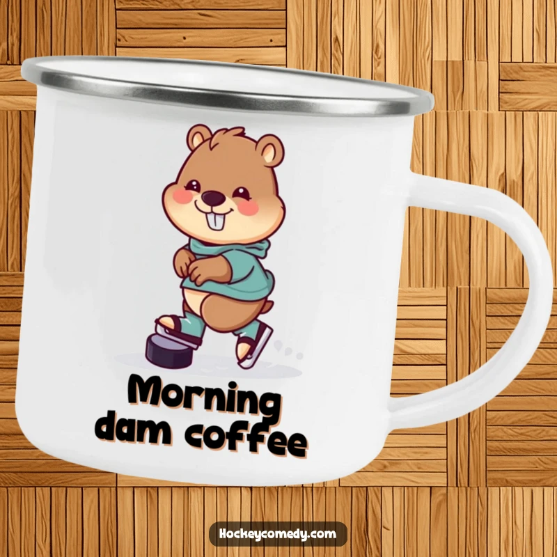 Funny Camping Mug with a cheerful beaver skating backwards with a hockey puck, ideal for outdoor enjoyment and playful sips.