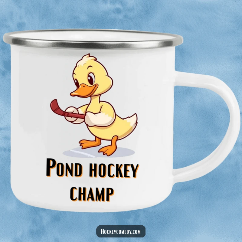 Funny camping mug: A determined duck attempts a slap shot, looking unbalanced on the ice, ready for outdoor fun.