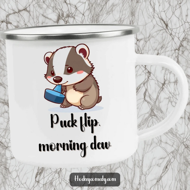 Funny badger camping mug, a playful badger attempting a puck flip with its nose, perfect for outdoor use, durable and humorous.