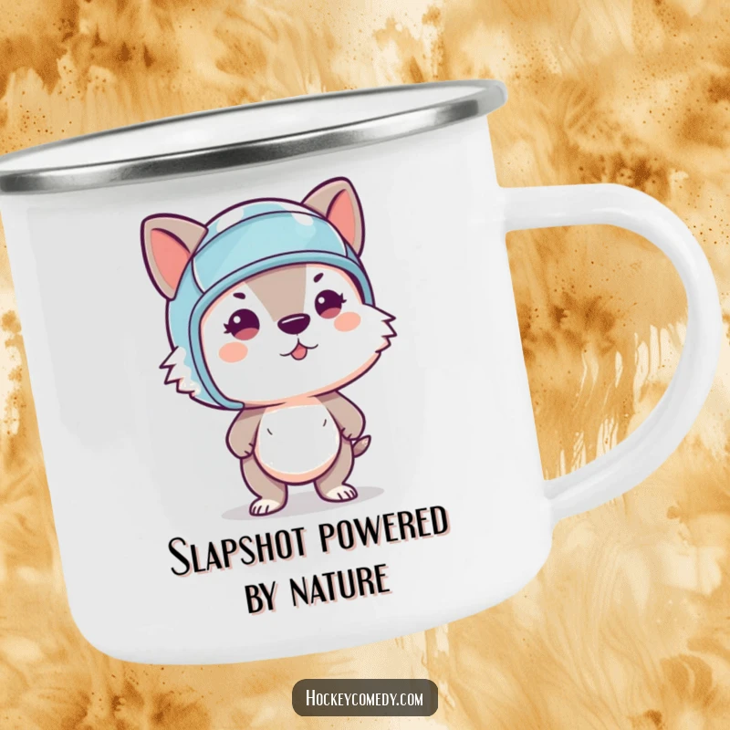 Funny camping mug featuring a determined animal wearing a helmet, mid-slapshot, perfect for outdoor adventures and hockey humor.