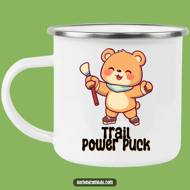 Enjoy your campfire brew with this funny camping mug featuring a joyful bear in a hockey pose. Built for adventure!