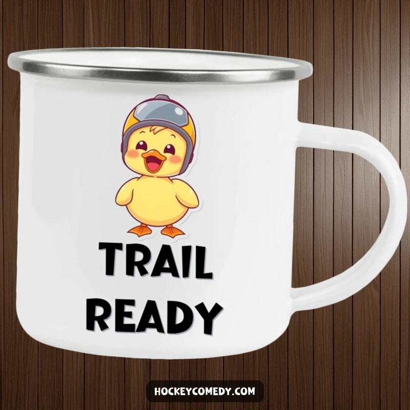 Funny duck wearing a tiny helmet, ready for adventure, depicted on a sturdy and humorous camping mug.