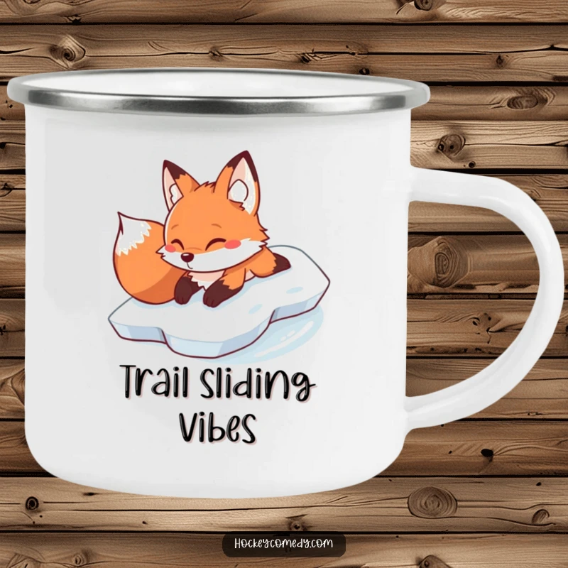 Funny determined fox sliding on its belly across ice on a durable camping mug.