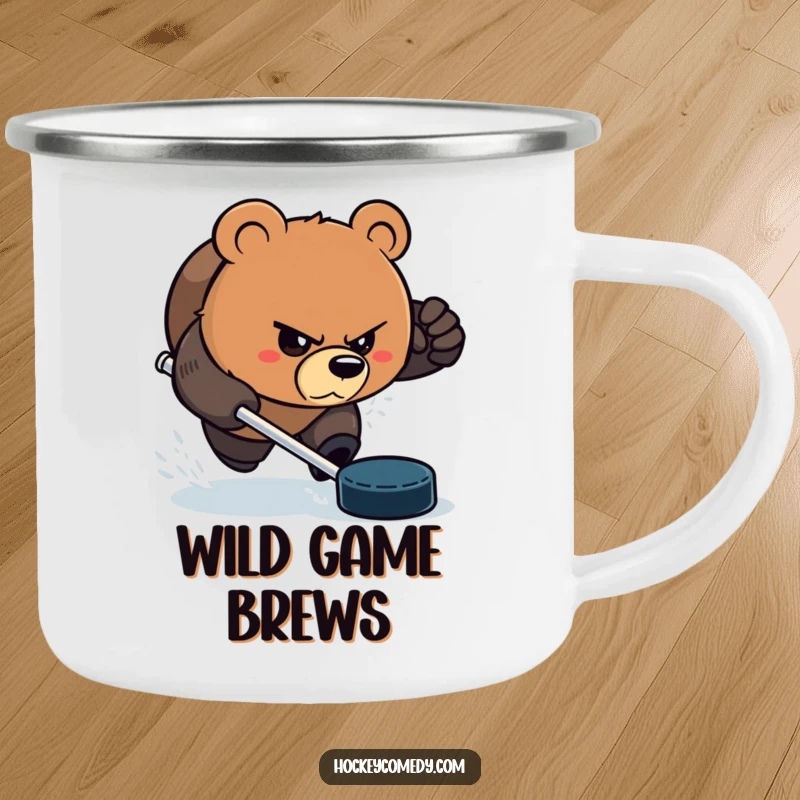 Funny Bear Camping Mug: An aggressive bear with a determined glare, chasing a hockey puck, perfect for outdoor fun. Great funny gift.