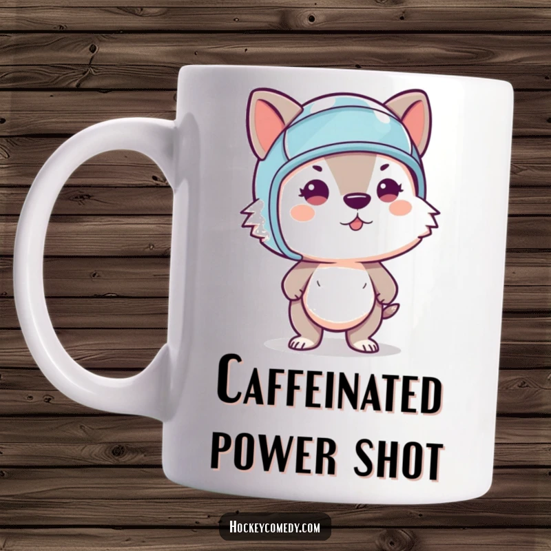 Funny mug featuring a determined animal wearing a tiny helmet, captured mid-slapshot with intense focus.