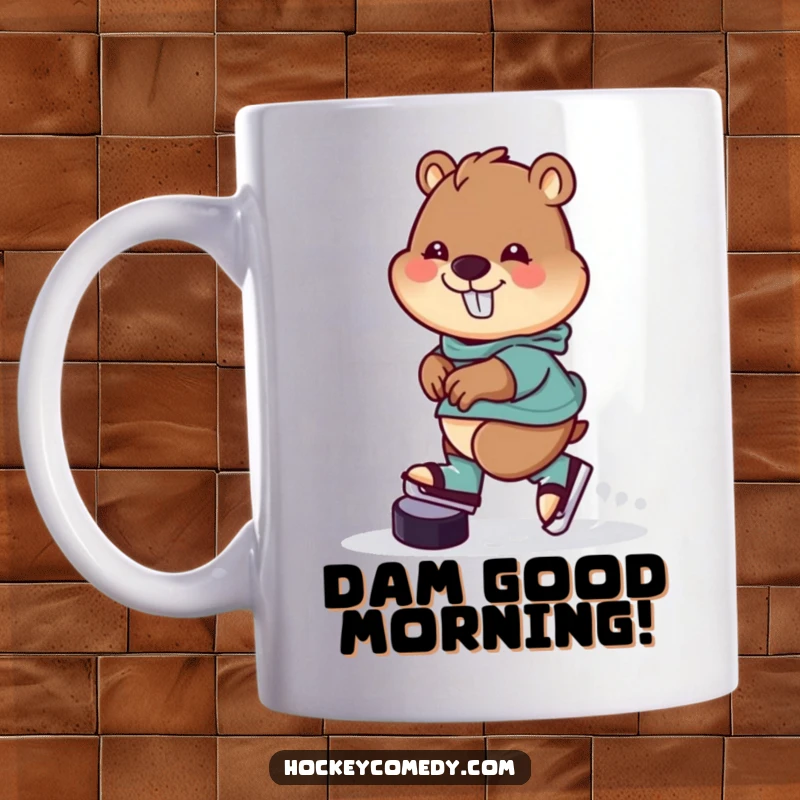Funny Mug featuring a cheerful beaver expertly skating backwards with a hockey puck, showcasing its joyful and skilled demeanor.