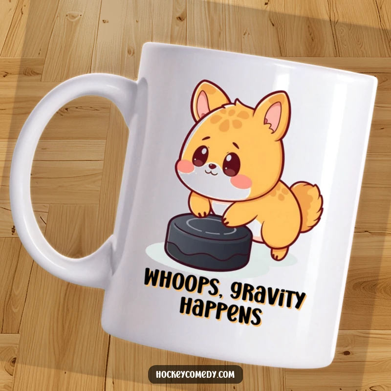 Funny mug featuring a cute, surprised animal stumbling slightly over an ice hockey puck, embodying relatable clumsiness.