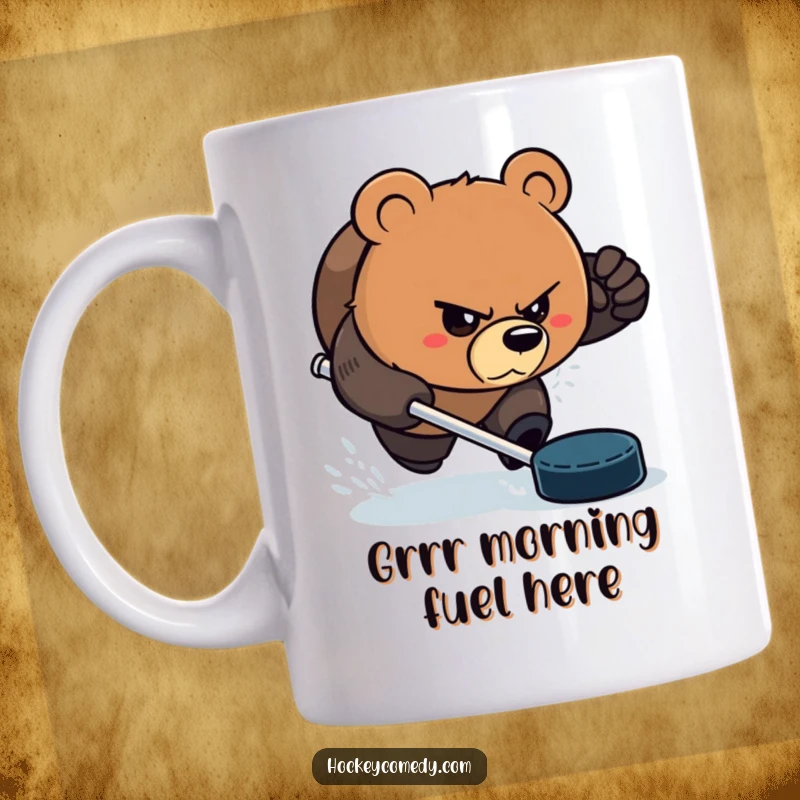 Funny Bear Mug: An aggressive bear with a determined, comedic glare, intensely chasing a hockey puck. Perfect funny gift.