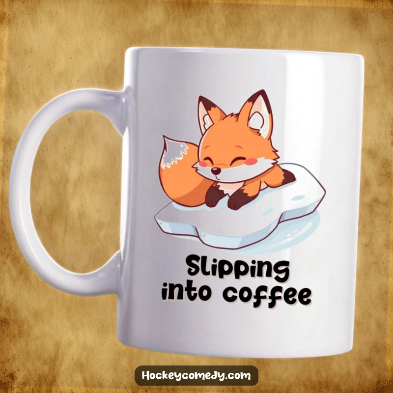 Funny determined fox sliding on its belly across slick ice on this humorous mug.