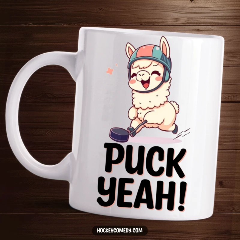 Funny giggling llama mug wearing a helmet, joyfully chasing a hockey puck, perfect for sports fans and as a humorous gift.
