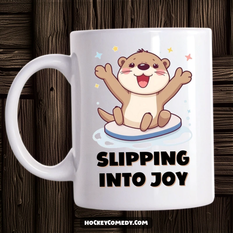 Funny happy otter character gleefully doing a celebratory slide on icy water, mug design.